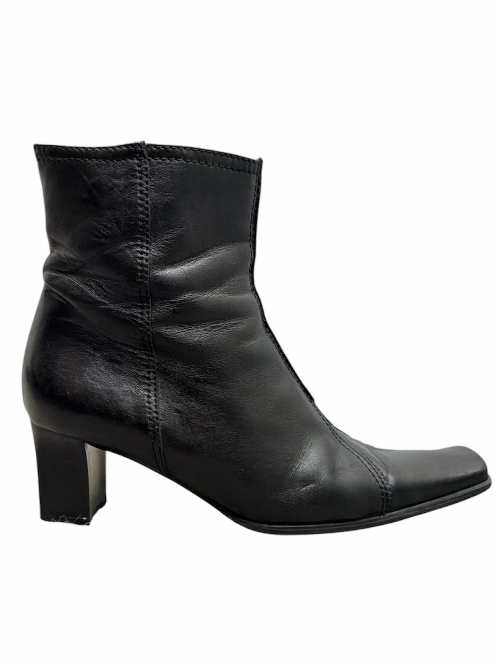 Handmade minimalist black Italian leather heeled square toe boots EU 38